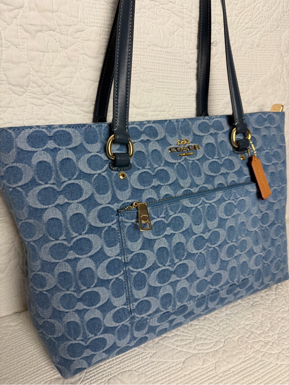 Coach Blue Signature Denim Tote with Leather Trim - Picture 2 of 8